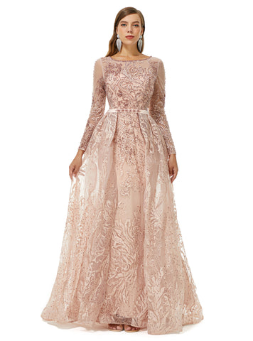 Luxury Champagne Beading Long Sleeve Sheer Detachable Train Prom Dress