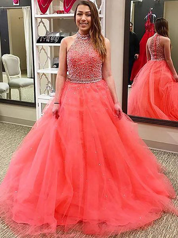 Ball Gown Halter Beading Pink Tulle Prom Dress