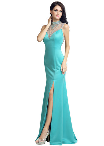 Graceful Silk Satin Illusion High Collar Cut-out Back Sheath Evening Dresses With Slit