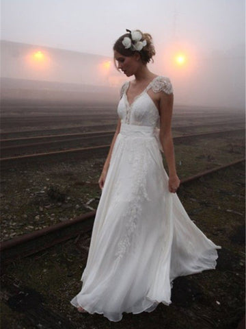V-neck Floor Length Chiffon Sexy Cap Sleeves Lace Wedding Dress