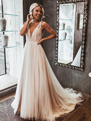 Champagne V Neck Tulle Appliques Backless Wedding Dress