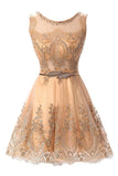 Cheap Cocktail Dress Short Prom Party Dress Applique Belt Tulle