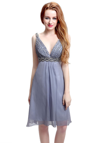 Exquisite Chiffon V-neck Neckline Knee-length A-Line Homecoming Dresses With Beadings