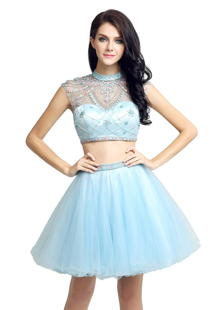 Romantic Tulle High Collar Neckline Two-piece Short A-Line Homecoming Dresses With Beadings – Sassymyprom Romantic Tulle High Collar Neckline Two-piece Short A-Line Homecoming Dresses With Beadings – Sassymyprom