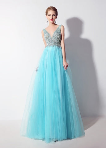 Blue Fantastic Tulle V-neck Neckline Exposed Back A-Line Prom Dresses