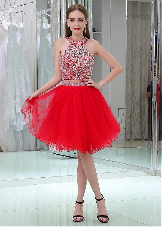 Sparkly Tulle Jewel Neckline A-line Two-piece Cocktail Dresses With Beadings US10 / Champagne Sparkly Tulle Jewel Neckline A-line Two-piece Cocktail Dresses With Beadings US10 / Champagne