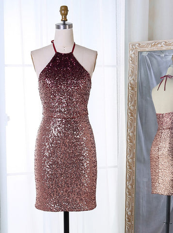 Halter Short Burgundy Sequined Homecoming Dress