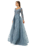 Gray Long Sleeves Scoop Lace A Line Detachable Train Prom Formal Dress