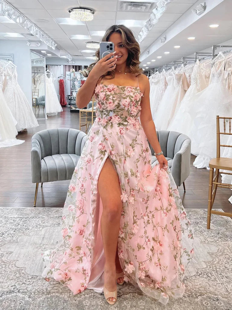 2023 Floral Long A Line Pink Prom Dress with High Slit – Sassymyprom