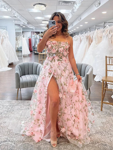 Floral Long A Line Pink Prom Dress with High Slit