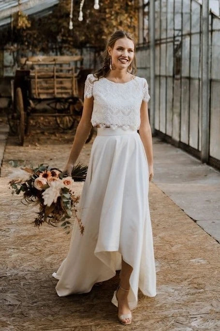 Short Sleeve Chiffon Two Piece Lace High Low Wedding Dress 2021 Custom Made / Ivory Short Sleeve Chiffon Two Piece Lace High Low Wedding Dress 2021 Custom Made / Ivory