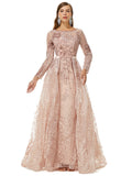 Luxury Champagne Beading Long Sleeve Sheer Detachable Train Prom Dress
