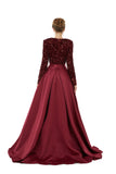 Burgundy Long Sleeves Sequin & Satin A Line Sexy Prom Formal Dress