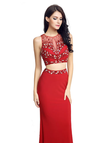 Stunning Lycra & Tulle Jewel Neckline Two-piece Sheath Prom Dresses With Beadings