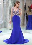 Tulle & Linen V-neck Neckline Cut-out Mermaid Prom Dresses With Beadings