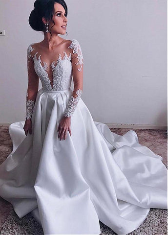 Tulle & Satin Jewel Long Sleeves A-line Wedding Dress With Belt