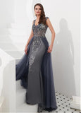 Tulle V-neck Beading Navy Floor-length A-line Evening Dress