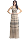 Shimmering Tulle Scoop Neckline Cut-out Back Full-length A-line Evening Dresses With Beadings