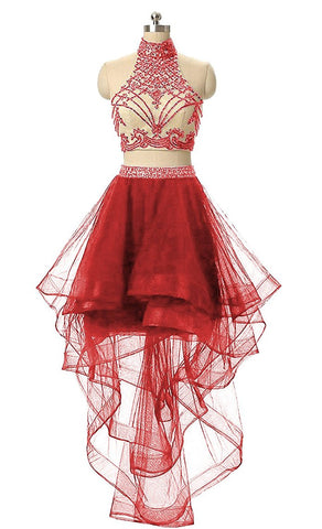 2 Pieces Beaded Keyhole Back Homecoming Dresses Halter Beading Prom Gowns Short