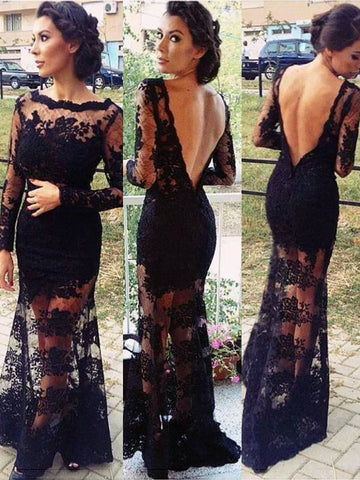  Long Sleeves Applique Black Lace Prom Dress