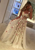 Fashionable Tulle & Organza Spaghetti Straps Neckline See-through A-line Evening Dress With Handmade Flowers