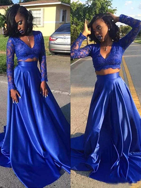 A-Line/Princess V-neck Long Sleeves Lace Satin Two Piece Prom