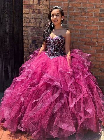 Ball Gown Sweetheart Fuchsia Organza Quinceanera Dress with Beading