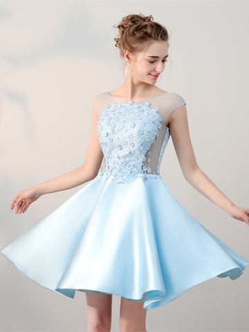 Blue Lace Pearls Cap Sleeves Mini Homecoming Dress