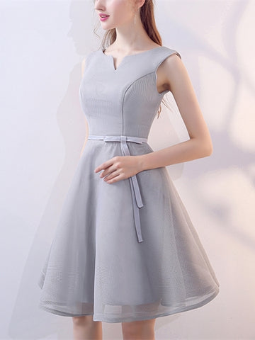 Blue Bowknot V-Neck Knee-Length Homecoming Dress