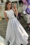 Round Neck Sleeveless A Line Beading Satin Wedding Dress With Pockets
