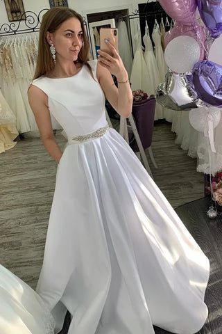 Round Neck Sleeveless A Line Beading Satin Wedding Dress With Pockets