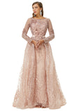 Luxury Champagne Beading Long Sleeve Sheer Detachable Train Prom Dress