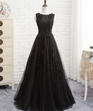 Black Round Neck Tulle Lace Long Prom Dress