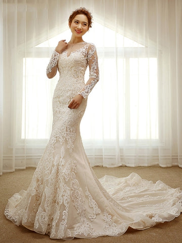 Lace Appliques Long Sleeves Long Train Mermaid Wedding Dress