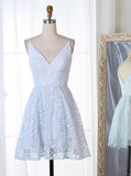 Spaghetti Straps Short Light Blue Lace Homecoming Dress