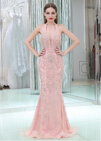 Pink Tulle Halter Neckline Backless Mermaid Prom Dresses With Beadings