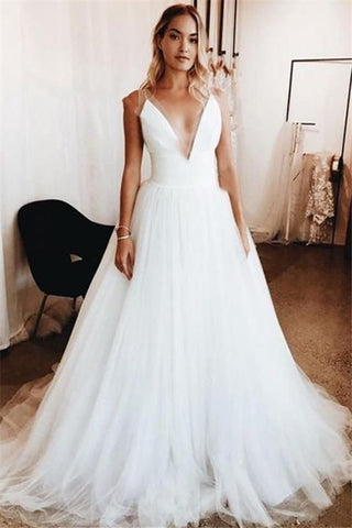 Tulle See Through Cheap Sexy V-Neck Appliques Bridal Wedding Dress