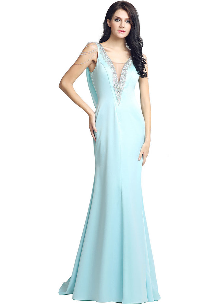 Marvelous Lycra V-neck Neckline Illusion Back Sheath Evening Dresses With Beadings US8 / White Marvelous Lycra V-neck Neckline Illusion Back Sheath Evening Dresses With Beadings US8 / White