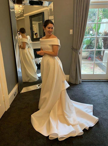 Satin Ruffles Train A Line Off The Shoulder Wedding Dress