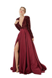 Burgundy Long Sleeves Sequin & Satin A Line Sexy Prom Formal Dress