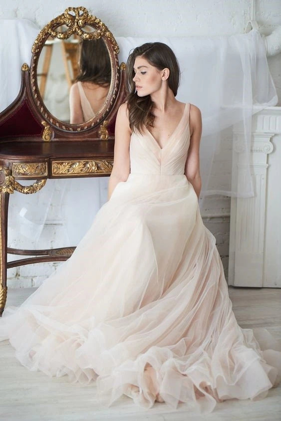 V Neck Tulle Ruching A Line Champagne Pink Wedding Dress V Neck Tulle Ruching A Line Champagne Pink Wedding Dress