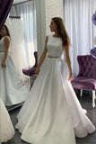 Round Neck Sleeveless A Line Beading Satin Wedding Dress With Pockets