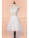 Cap Sleeves High Low White Lace Sheer Short Wedding Dress