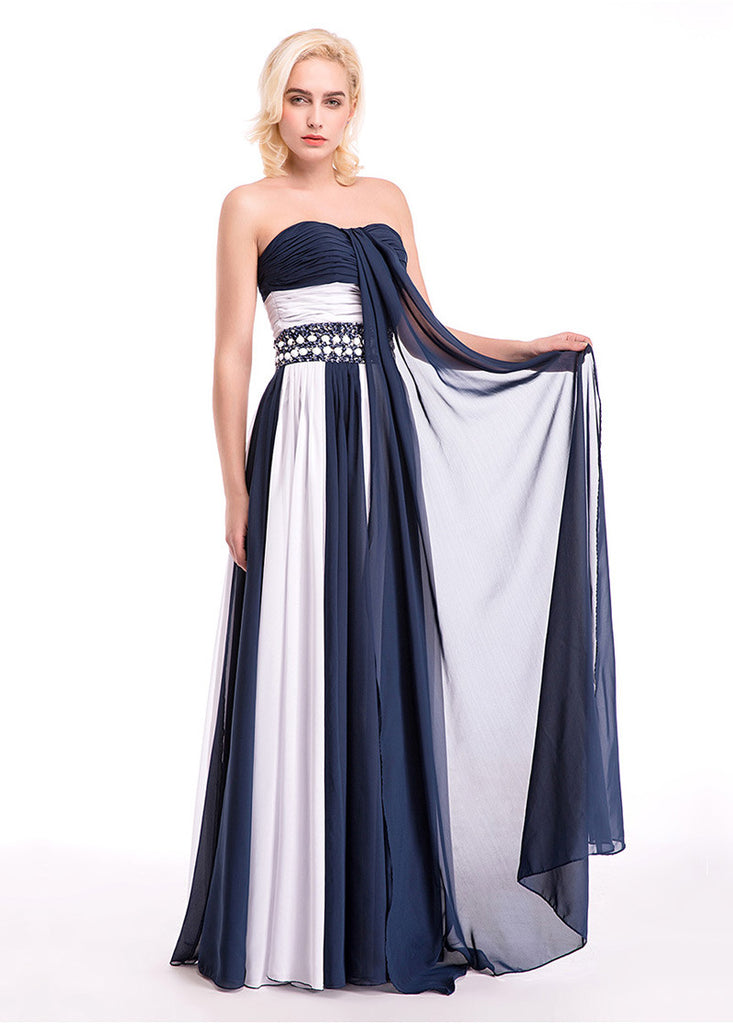 Chic Chiffon Strapless Neckline A-Line Color Block Evening Dresses US18W