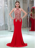 Linen Halter Neckline Cut-out Mermaid Evening Dresses With Lace Appliques & Hot Fix Rhinestones