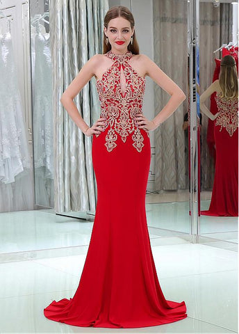 Linen Halter Neckline Cut-out Mermaid Evening Dresses With Lace Appliques & Hot Fix Rhinestones