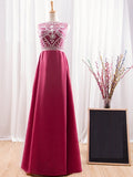 A-Line Beaded Bateau Crystal Court Train Evening Dress