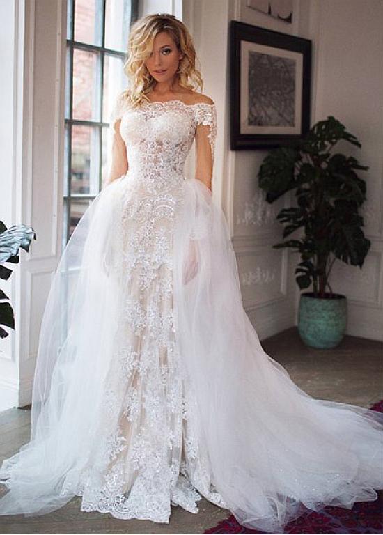 Tulle Off-the-shoulder Detachable Skirt 2 In 1 Wedding Dresses With Lace Appliques Custom Made / Champagne Tulle Off-the-shoulder Detachable Skirt 2 In 1 Wedding Dresses With Lace Appliques Custom Made / Champagne