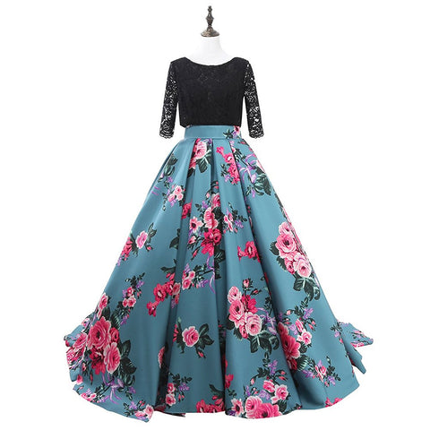 Half Sleeve Lace Print Prom Dress