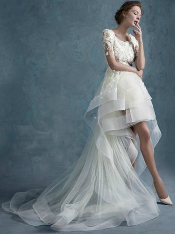 Asymmetry High Low Tulle Short Sleeves Lace Beach Wedding Dress